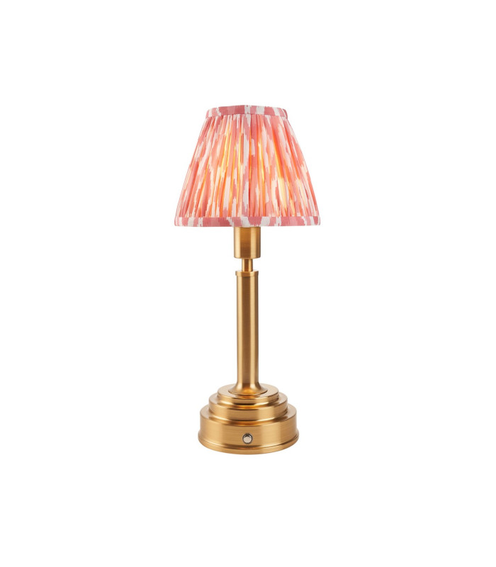 Upton Rechargeable Brushed Aged Brass Plate Table Lamp with Coral Pink Fabric Ikat Shade 16cm Integrated LED-1