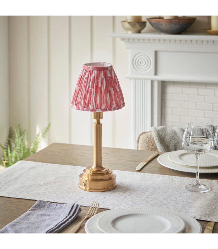 Upton Rechargeable Brushed Aged Brass Plate Table Lamp with Coral Pink Fabric Ikat Shade 16cm Integrated LED-3