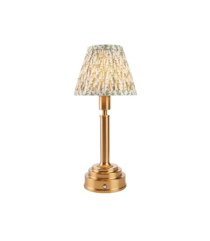 Upton Rechargeable Brushed Aged Brass Plate Table Lamp with Herb Garden Green Fabric Leaf Shade 16cm Integrated LED-1