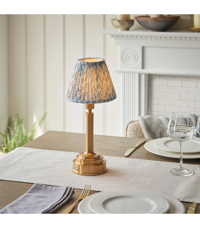 Upton Rechargeable Brushed Aged Brass Plate Table Lamp with Shell Bay Blue Fabric Leaf Shade 16cm Integrated LED-2
