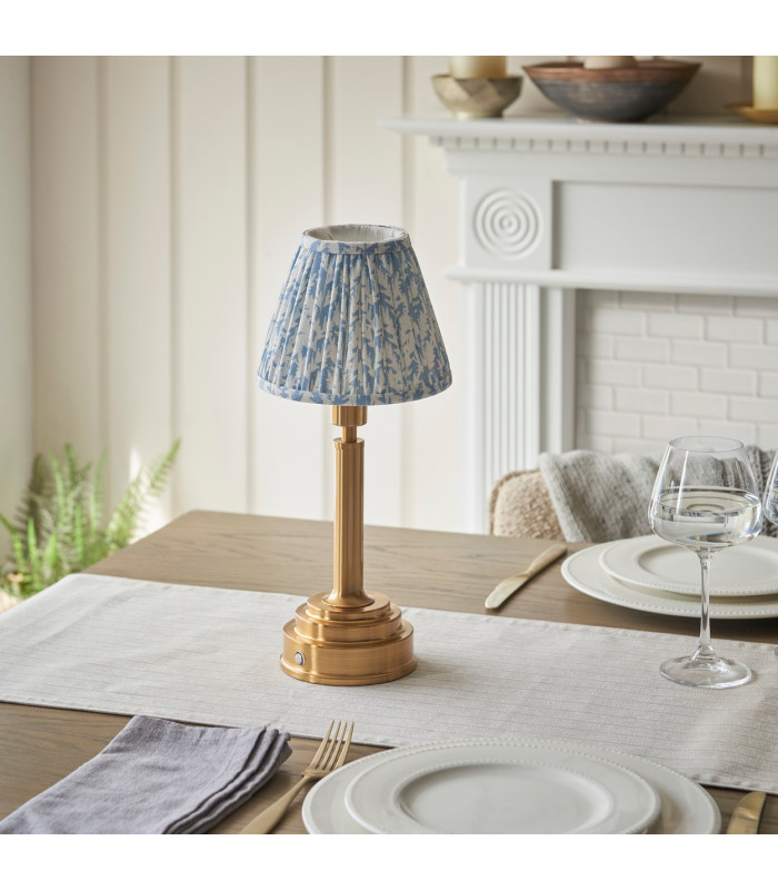Upton Rechargeable Brushed Aged Brass Plate Table Lamp with Shell Bay Blue Fabric Leaf Shade 16cm Integrated LED-3