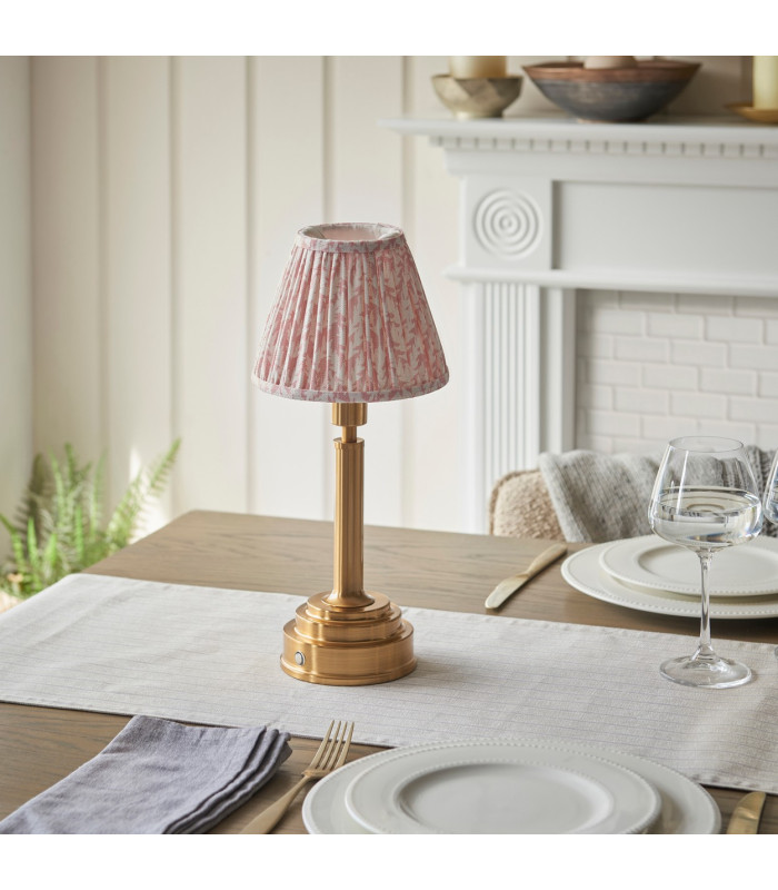 Upton Rechargeable Brushed Aged Brass Plate Table Lamp with Peachy Keen Fabric Leaf Shade 16cm Integrated LED-3