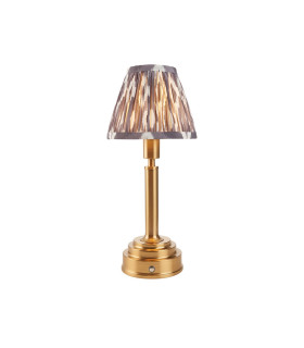 Upton Rechargeable Brushed Aged Brass Plate Table Lamp with Pearl Grey Fabric Ikat Shade 16cm Integrated LED-1