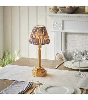 Upton Rechargeable Brushed Aged Brass Plate Table Lamp with Pearl Grey Fabric Ikat Shade 16cm Integrated LED-2