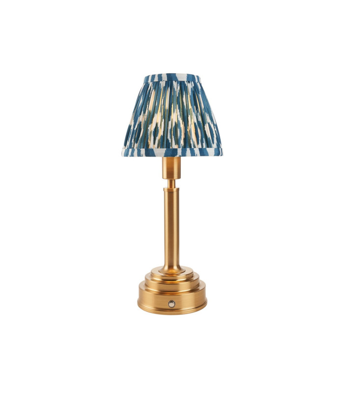 Upton Rechargeable Brushed Aged Brass Plate Table Lamp with Marlin Blue Fabric Ikat Shade 16cm Integrated LED-1