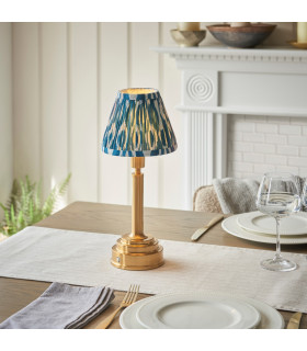 Upton Rechargeable Brushed Aged Brass Plate Table Lamp with Marlin Blue Fabric Ikat Shade 16cm Integrated LED-2