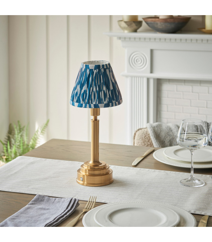Upton Rechargeable Brushed Aged Brass Plate Table Lamp with Marlin Blue Fabric Ikat Shade 16cm Integrated LED-3