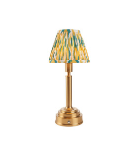 Upton Rechargeable Brushed Aged Brass Plate With Yellow Table Lamp with Jade Fabric Ikat Shade 16cm Integrated LED-1