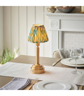Upton Rechargeable Brushed Aged Brass Plate With Yellow Table Lamp with Jade Fabric Ikat Shade 16cm Integrated LED-2