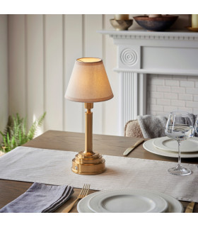 Upton Rechargeable Brushed Aged Brass Plate Table Lamp with Vintage White Fabric Ivy Shade 16cm Integrated LED-2
