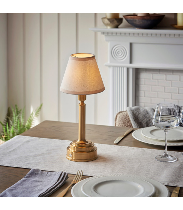 Upton Rechargeable Brushed Aged Brass Plate Table Lamp with Vintage White Fabric Ivy Shade 16cm Integrated LED-2