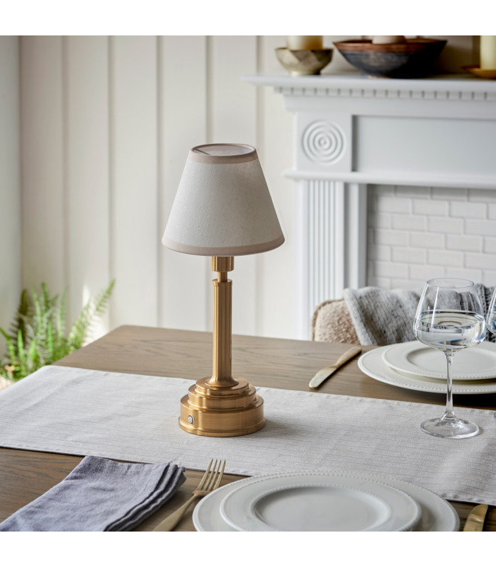 Upton Rechargeable Brushed Aged Brass Plate Table Lamp with Vintage White Fabric Ivy Shade 16cm Integrated LED-3