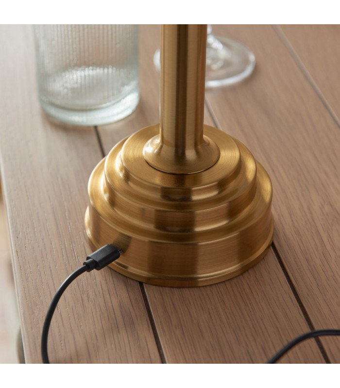 Upton Rechargeable Brushed Aged Brass Plate Table Lamp with Vintage White Fabric Ivy Shade 16cm Integrated LED-7