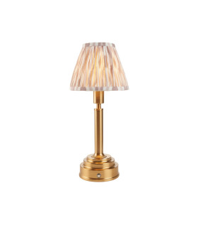 Upton Rechargeable Brushed Aged Brass Plate Table Lamp with Neutral Print Fabric Ikat Shade 16cm Integrated LED-1