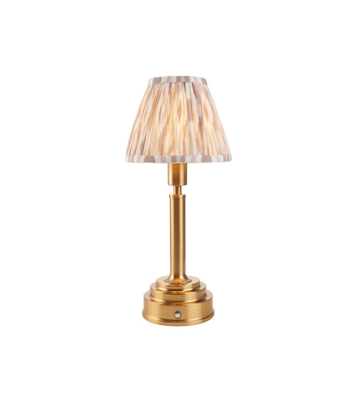 Upton Rechargeable Brushed Aged Brass Plate Table Lamp with Neutral Print Fabric Ikat Shade 16cm Integrated LED-1