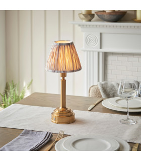 Upton Rechargeable Brushed Aged Brass Plate Table Lamp with Neutral Print Fabric Ikat Shade 16cm Integrated LED-2