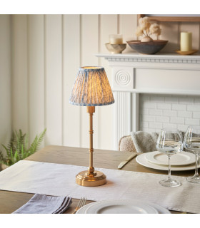 Burley Rechargeable Brushed Aged Brass Plate Table Lamp with Shell Bay Blue Fabric Leaf Shade 16cm Integrated LED-2