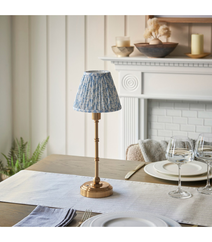 Burley Rechargeable Brushed Aged Brass Plate Table Lamp with Shell Bay Blue Fabric Leaf Shade 16cm Integrated LED-3