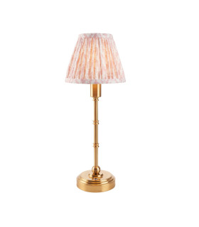 Burley Rechargeable Brushed Aged Brass Plate Table Lamp with Peachy Keen Fabric Leaf Shade 16cm Integrated LED-1