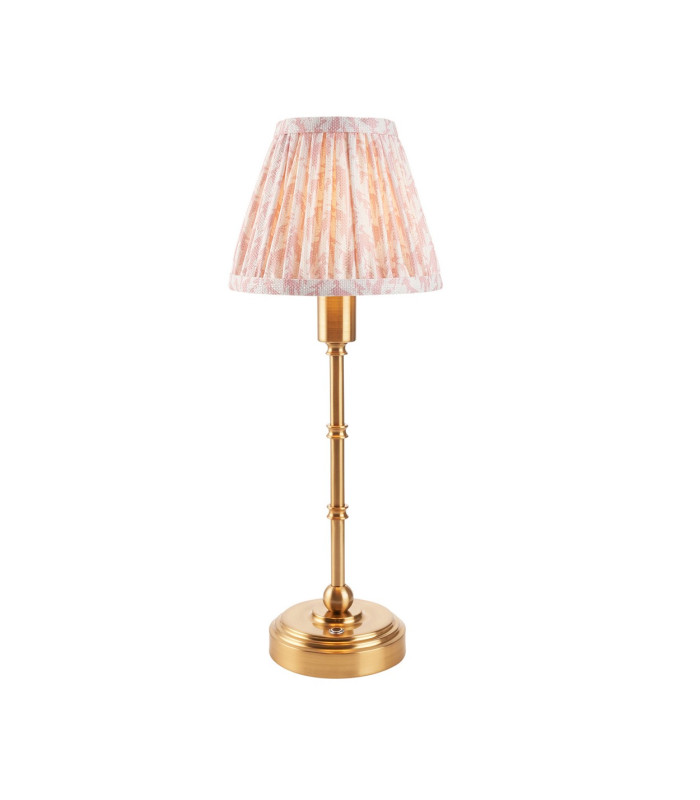 Burley Rechargeable Brushed Aged Brass Plate Table Lamp with Peachy Keen Fabric Leaf Shade 16cm Integrated LED-1