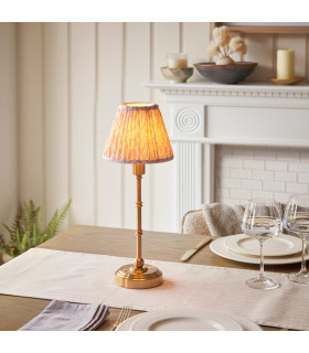 Burley Rechargeable Brushed Aged Brass Plate Table Lamp with Peachy Keen Fabric Leaf Shade 16cm Integrated LED-2