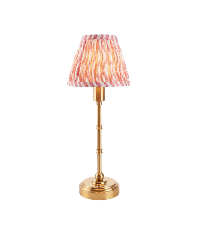 Burley Rechargeable Brushed Aged Brass Plate Table Lamp with Coral Pink Fabric Ripple Shade 16cm Integrated LED-1