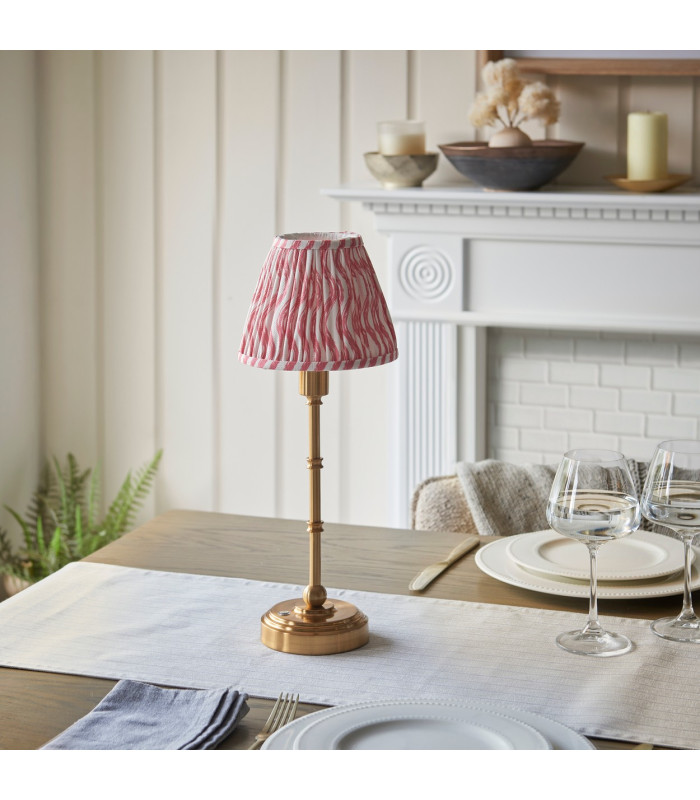 Burley Rechargeable Brushed Aged Brass Plate Table Lamp with Coral Pink Fabric Ripple Shade 16cm Integrated LED-3
