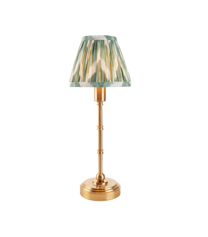 Burley Rechargeable Brushed Aged Brass Plate Table Lamp with Cotswold Green Fabric Zigzag Shade 16cm Integrated LED-1