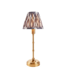 Burley Rechargeable Brushed Aged Brass Plate Table Lamp with Pearl Grey Fabric Ikat Shade 16cm Integrated LED-1