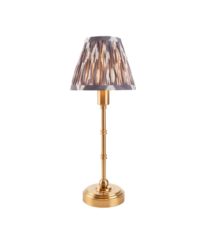 Burley Rechargeable Brushed Aged Brass Plate Table Lamp with Pearl Grey Fabric Ikat Shade 16cm Integrated LED-1