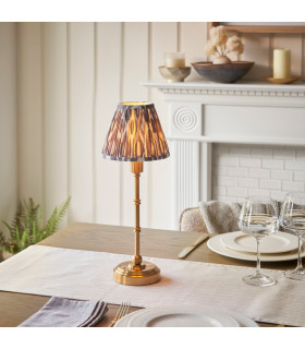 Burley Rechargeable Brushed Aged Brass Plate Table Lamp with Pearl Grey Fabric Ikat Shade 16cm Integrated LED-2