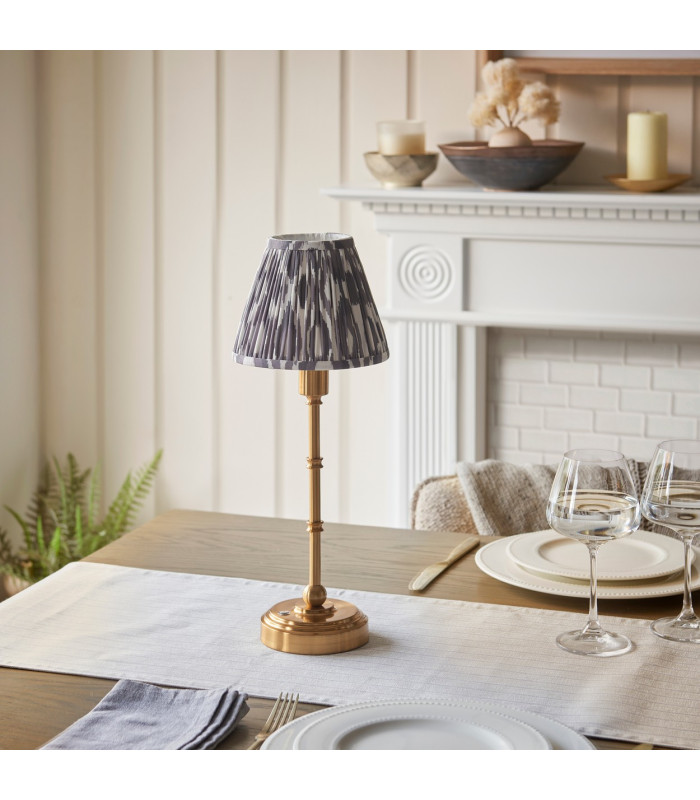 Burley Rechargeable Brushed Aged Brass Plate Table Lamp with Pearl Grey Fabric Ikat Shade 16cm Integrated LED-3