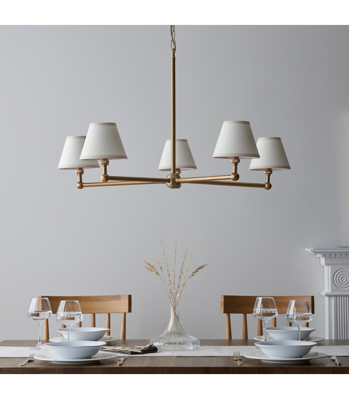 Santiago Brushed Aged Brass Plate Pendant Light with Vintage White Fabric Ivy Shade 16cm 5x B22-3