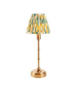 Burley Rechargeable Brushed Aged Brass Plate With Yellow Table Lamp with Jade Fabric Ikat Shade 16cm Integrated LED-1