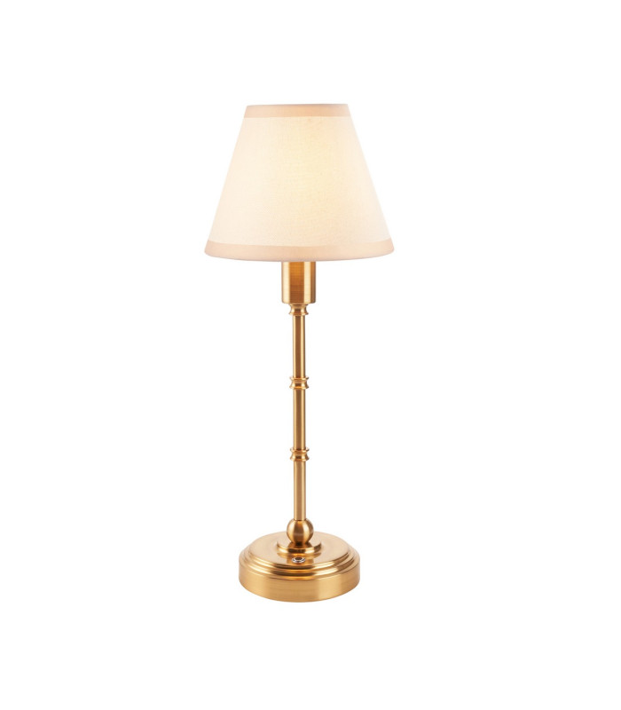Burley Rechargeable Brushed Aged Brass Plate Table Lamp with Vintage White Fabric Ivy Shade 16cm Integrated LED-1