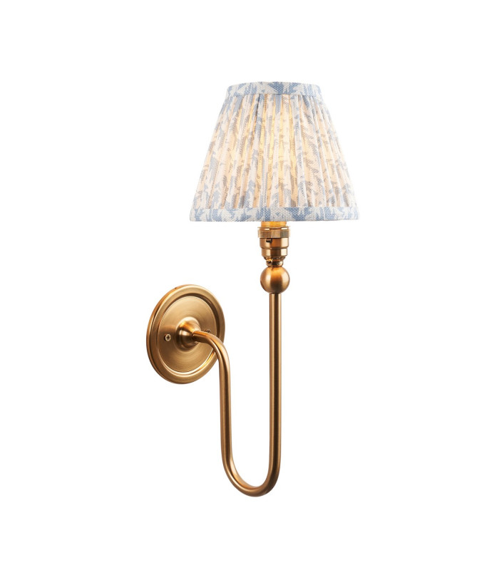 Santiago Brushed Aged Brass Plate Wall Light with Shell Bay Blue Fabric Leaf Shade 16cm B22-1