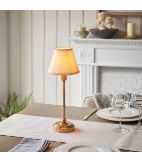 Burley Rechargeable Brushed Aged Brass Plate Table Lamp with Vintage White Fabric Ivy Shade 16cm Integrated LED-2