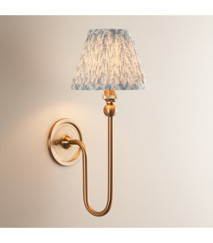 Santiago Brushed Aged Brass Plate Wall Light with Shell Bay Blue Fabric Leaf Shade 16cm B22-2