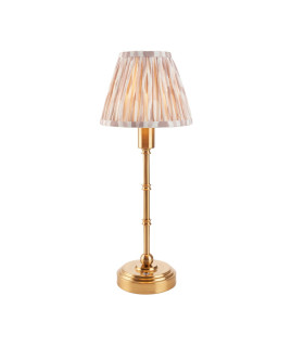 Burley Rechargeable Brushed Aged Brass Plate Table Lamp with Neutral Print Fabric Ikat Shade 16cm Integrated LED-1