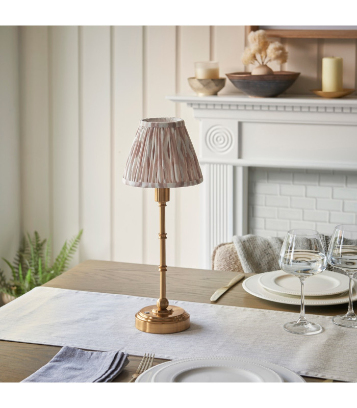 Burley Rechargeable Brushed Aged Brass Plate Table Lamp with Neutral Print Fabric Ikat Shade 16cm Integrated LED-3