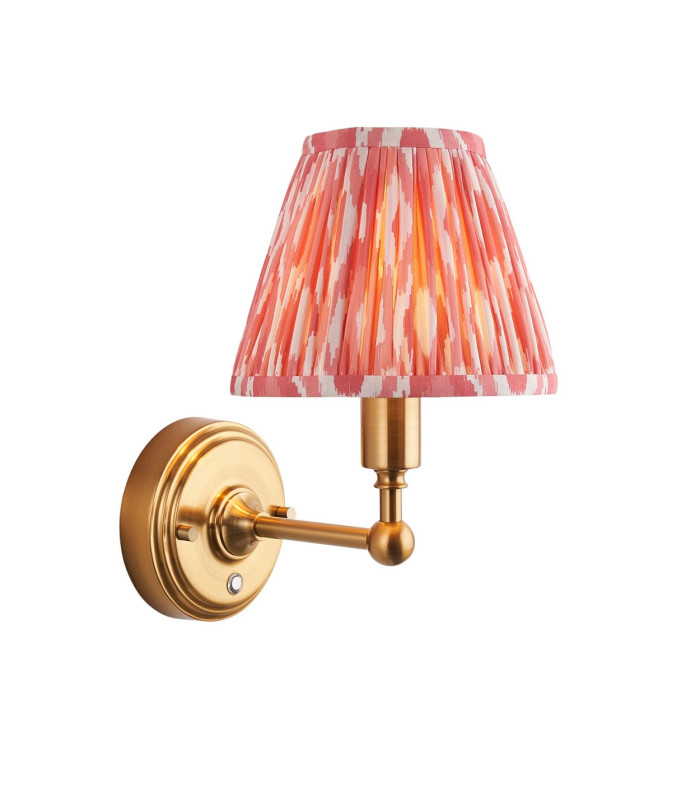Burley Rechargeable Brushed Aged Brass Plate Wall Light with Coral Pink Fabric Ikat Shade 16cm Integrated LED-1