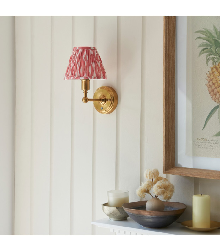 Burley Rechargeable Brushed Aged Brass Plate Wall Light with Coral Pink Fabric Ikat Shade 16cm Integrated LED-3