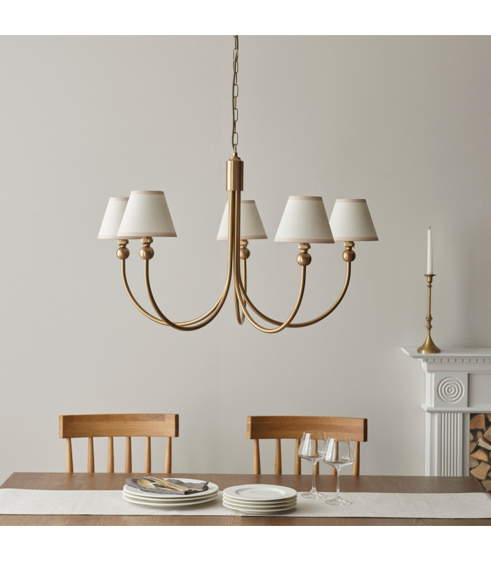 Santiago Brushed Aged Brass Plate Pendant Light with Vintage White Fabric Ivy Shade 16cm 5x B22-3