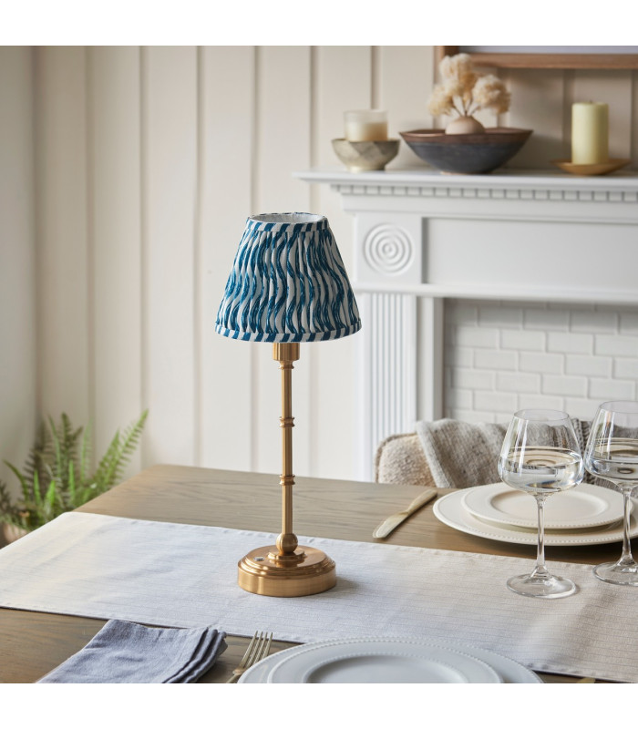 Burley Rechargeable Brushed Aged Brass Plate Table Lamp with Marlin Blue Fabric Ripple Shade 16cm Integrated LED-3
