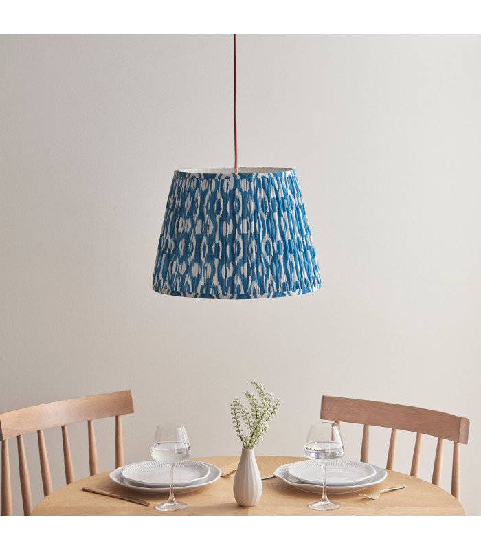 Eltham Brushed Aged Brass Red Flex Pendant Light with Marlin Blue Fabric Ikat Shade 40cm B22-3