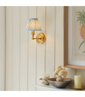 Burley Rechargeable Brushed Aged Brass Plate Wall Light with Shell Bay Blue Fabric Leaf Shade 16cm Integrated LED-2