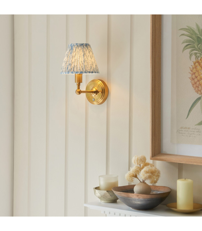 Burley Rechargeable Brushed Aged Brass Plate Wall Light with Shell Bay Blue Fabric Leaf Shade 16cm Integrated LED-2