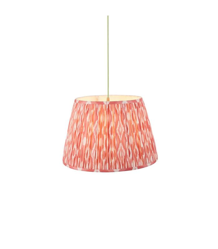 Eltham Brushed Aged Brass Green Flex Pendant Light with Coral Pink Fabric Ikat Shade 40cm B22-1