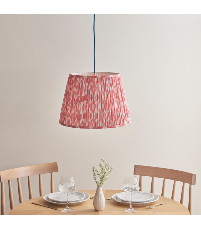 Eltham Brushed Aged Brass Plate Blue Flex Pendant Light with Coral Pink Fabric Ikat Shade 40cm B22-3