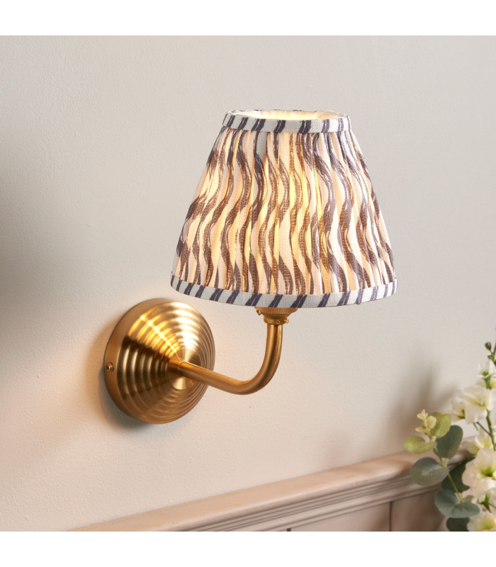 Obelisk Arc Brushed Aged Brass Plate Wall Light with Pearl Grey Fabric Ripple Shade 16cm B22-2